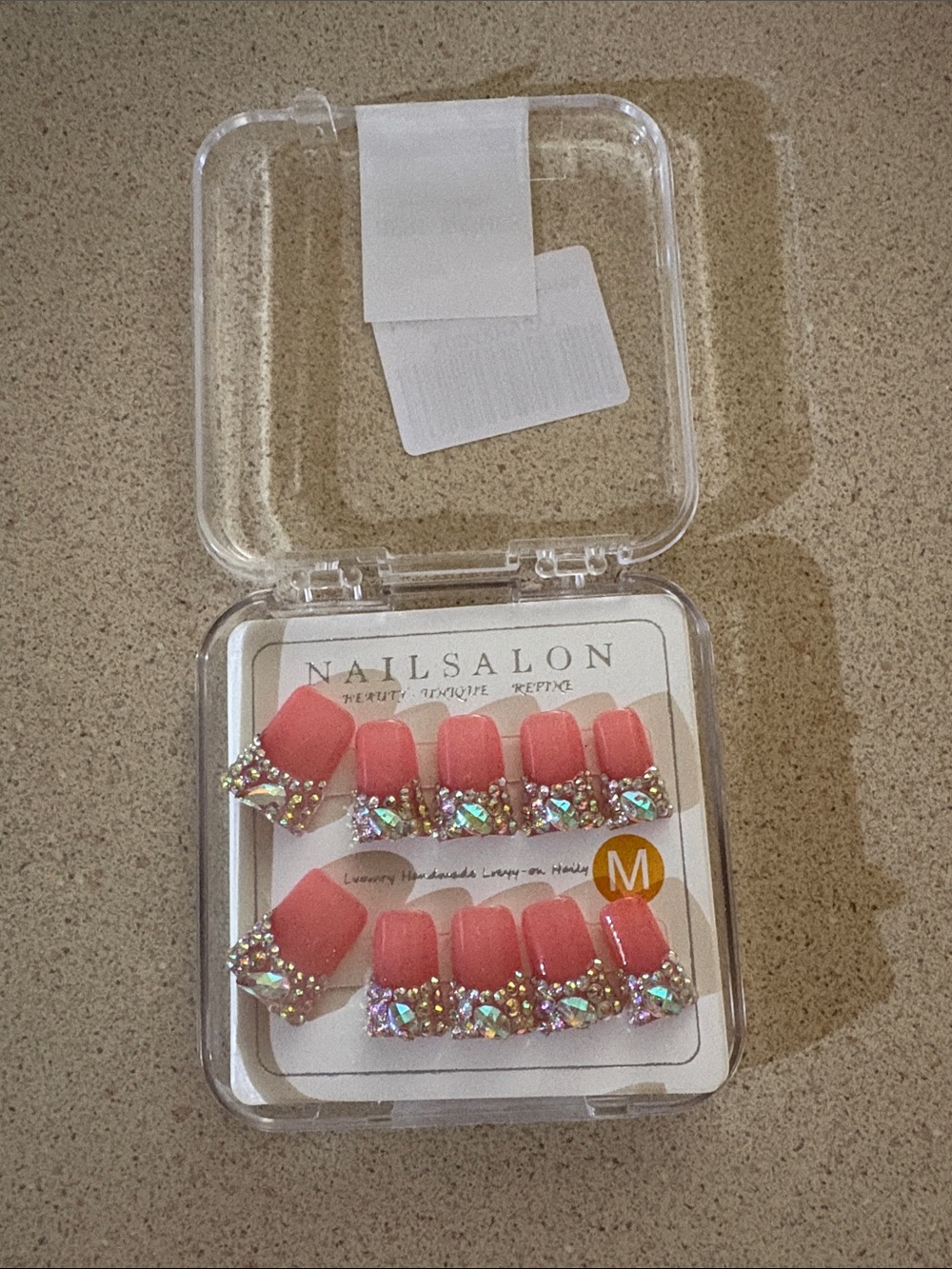 NailSalon Coral Pink Rhinestone Press-On Nails - Medium